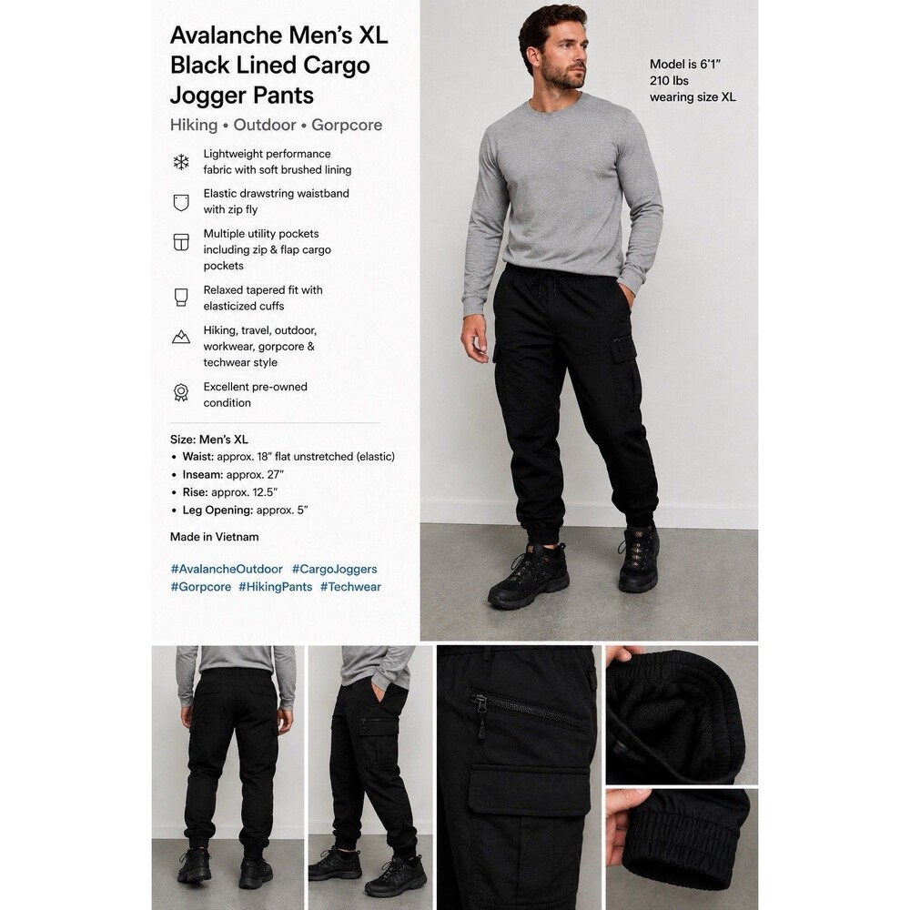 Avalanche Men’s XL Black Fleece-Lined Cargo Jogger Pants Hiking Winter